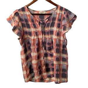 Women's Indigo Rose Pink Purple & Blue Plaid Ruffle Blouse